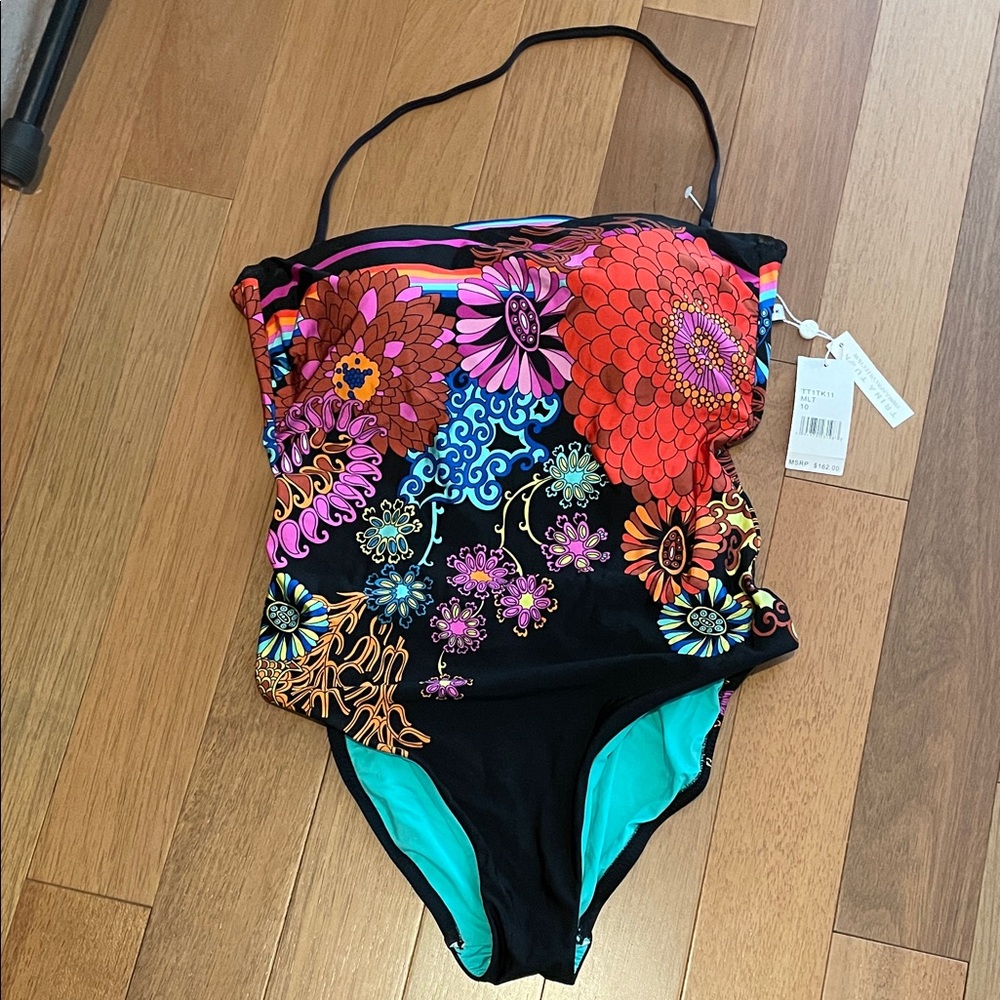 Trina Turk Black and Multicolor Floral One Piece Swimsuit
